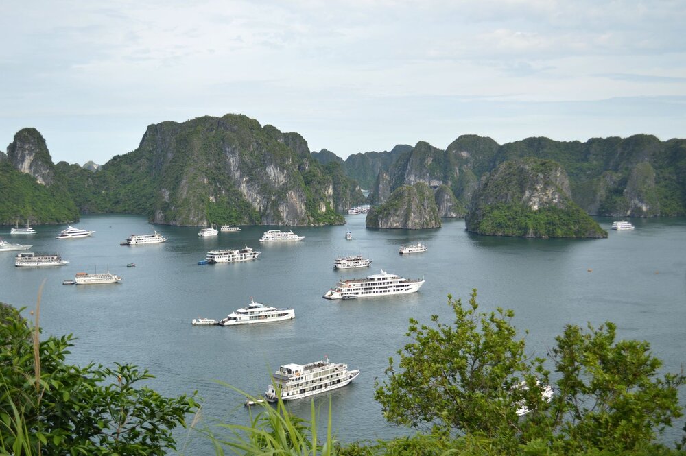 Traditional junk cruise boat on Ha Long Bay