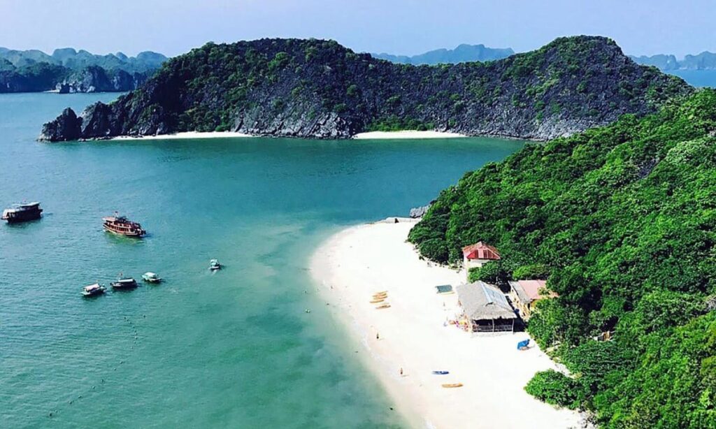 Cat Co Beach Cat Ba Island aerial white sand kayaks limestone cliffs
