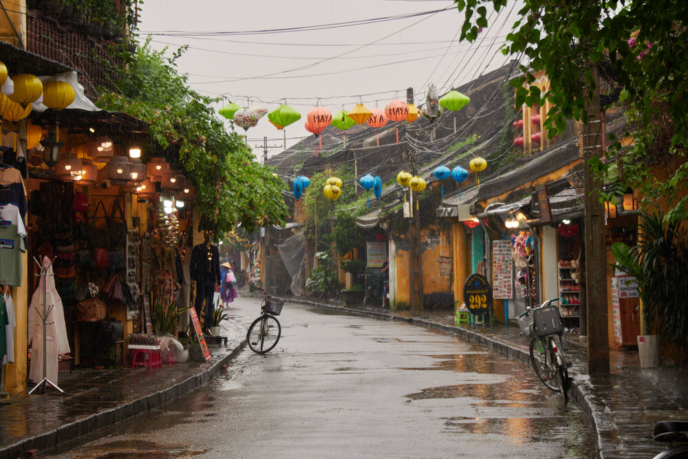 Hoi An Ancient Town lantern-lit street in the rain