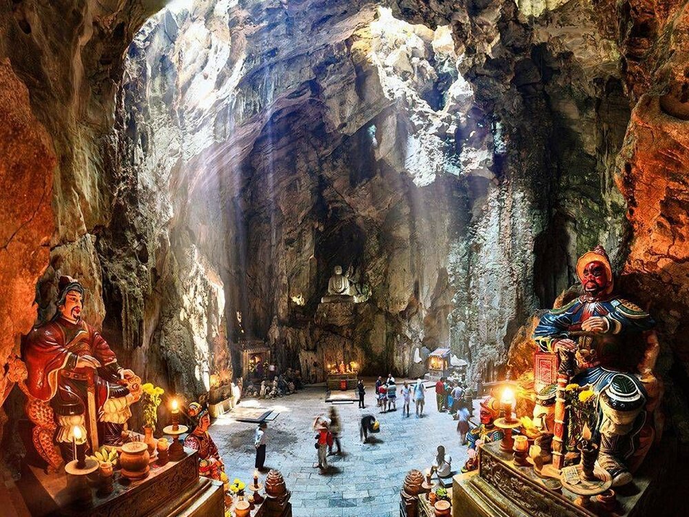 Marble Mountains caves pagodas Da Nang May morning lush green