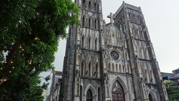 The neo-Gothic twin towers of St. Joseph's Cathedral, Hanoi