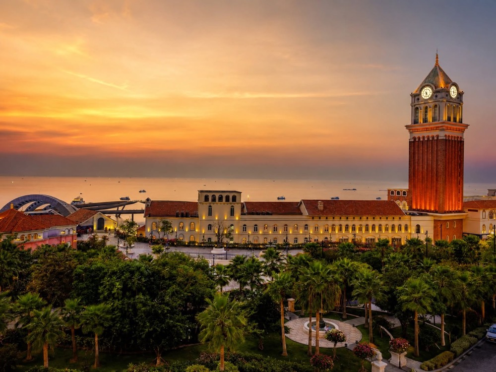 Sunset Town Phu Quoc with Mediterranean-style architecture at dusk