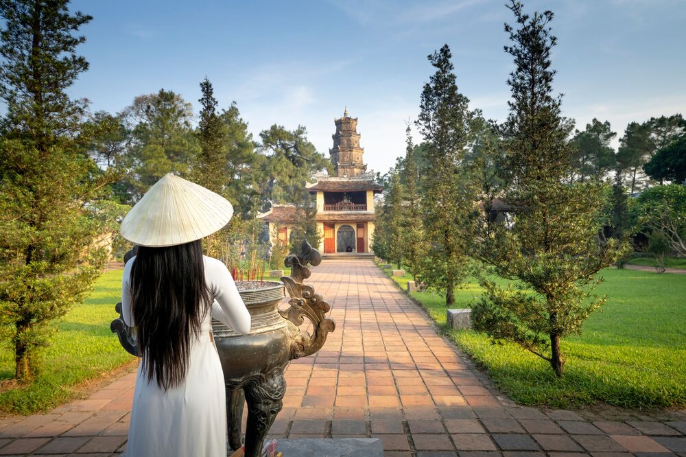 Thien Mu Pagoda Hue June summer dawn dragon boat early morning