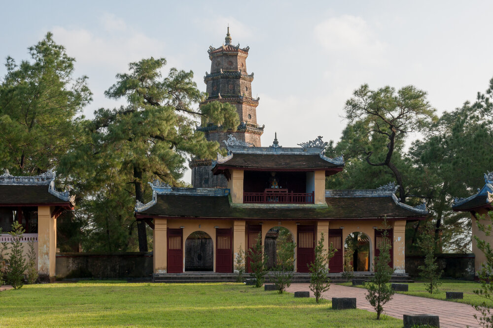 Thien Mu Pagoda seven-storey tower on the Perfume River, Hue
