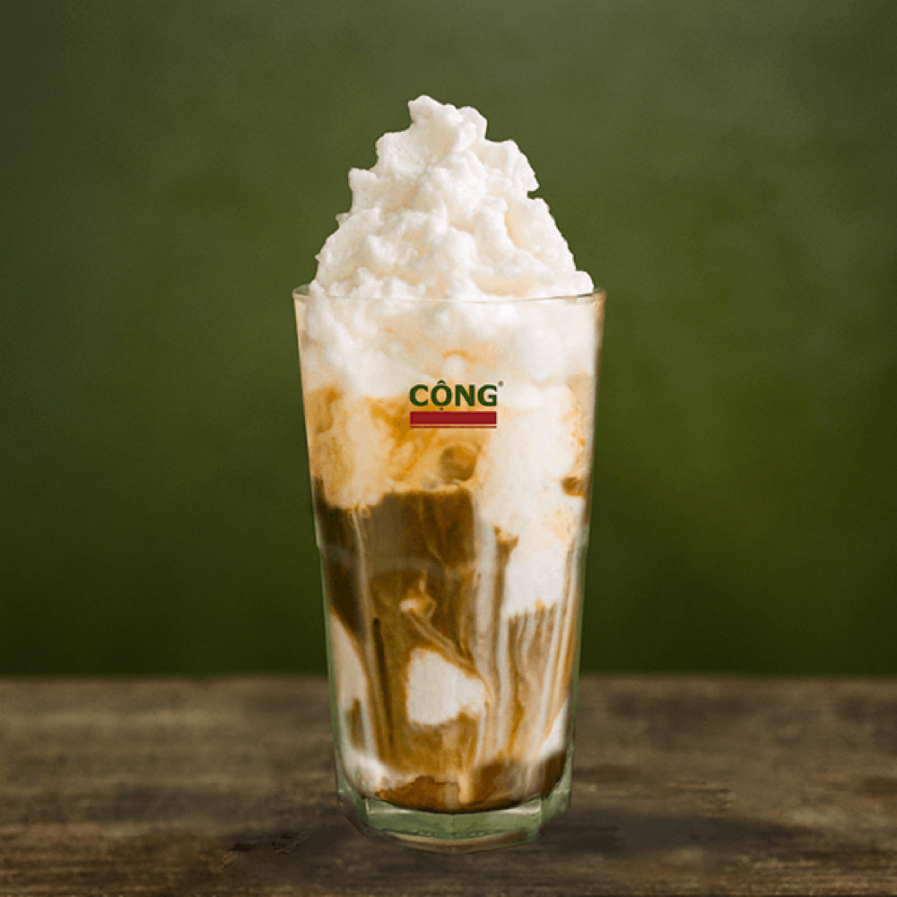 Iced coconut coffee blended with condensed milk and coconut cream
