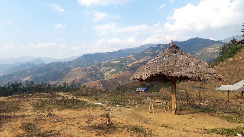 A thatched shelter at a viewpoint above bare terraces in Mu Cang Chai in February