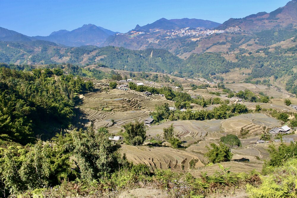 Sapa rice terraces after harvest in October with open fields