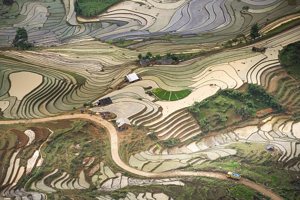 Flooded rice terraces near Sapa in water planting season