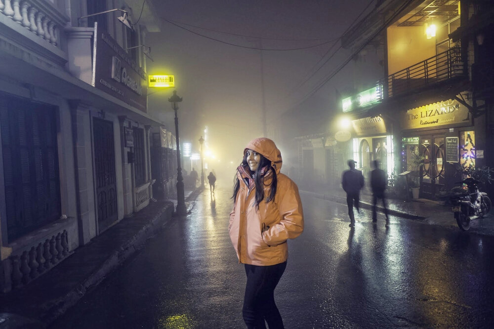 Foggy misty night in Sapa town in winter