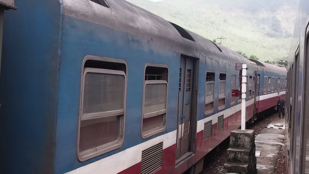 Vietnam Railways train on the Hai Van Pass coastal section between Da Nang and Hue