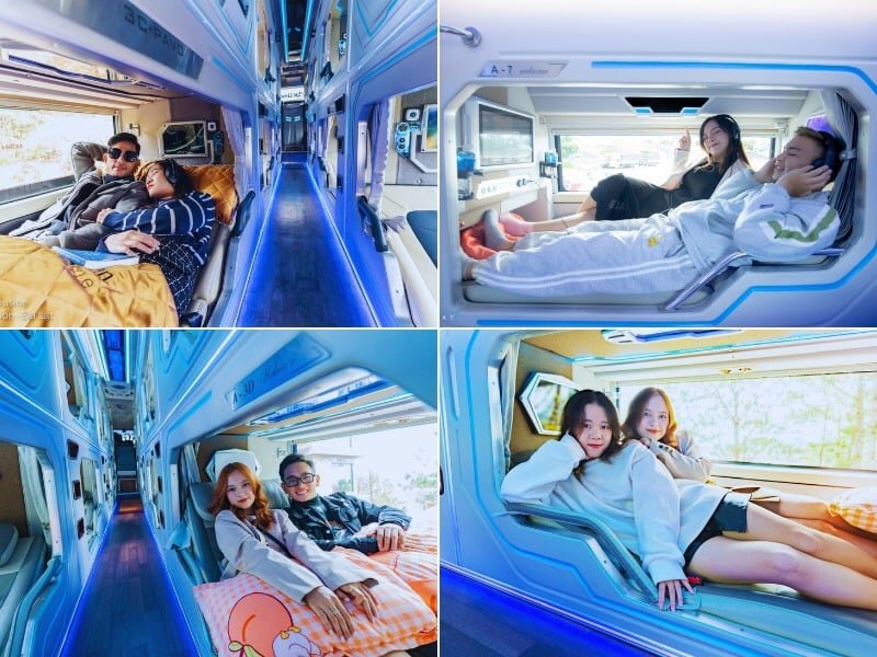 Interior of a Vietnamese sleeper bus showing reclining pod seats with privacy curtains